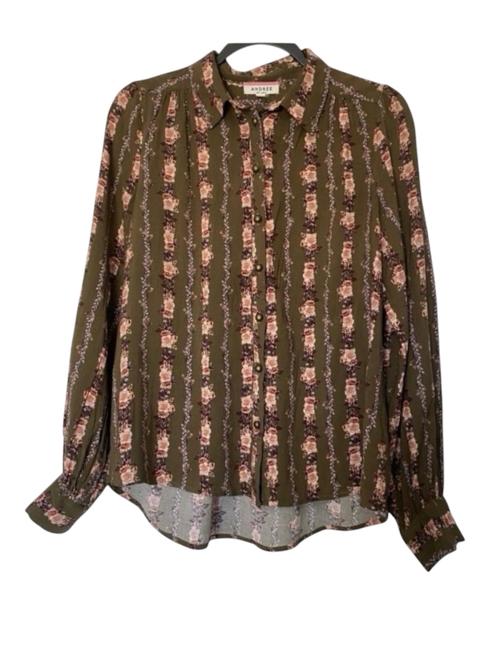 Andree Olive Floral Button Up Blouse Medium
